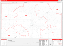 Texas County, OK Wall Map Zip Code Red Line Style 2024