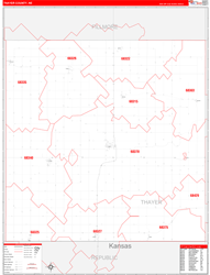 Thayer County, NE Wall Map Zip Code Red Line Style 2023