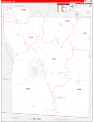 Thomas County, GA Wall Map Zip Code Red Line Style 2024