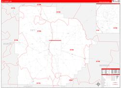 Tift County, GA Wall Map Zip Code Red Line Style 2024