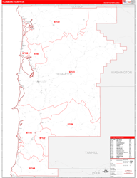 Tillamook County, OR Wall Map Zip Code Red Line Style 2024