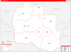 Tillman County, OK Wall Map Zip Code Red Line Style 2024