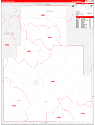 Tippah County, MS Wall Map Zip Code Red Line Style 2024