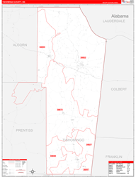 Tishomingo County, MS Wall Map Zip Code Red Line Style 2024