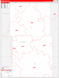 Towner County, ND Wall Map Zip Code Red Line Style 2023