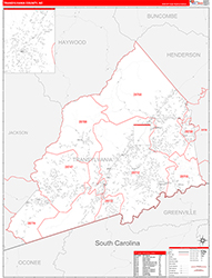 TransylvaniaCounty, NC Wall Map Zip Code Red Line Style 2026