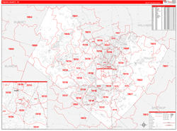 Travis County, TX Wall Map Zip Code Red Line Style 2024
