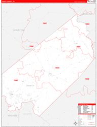 Trinity County, TX Wall Map Zip Code Red Line Style 2024