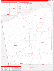 Troup County, GA Wall Map Zip Code Red Line Style 2024