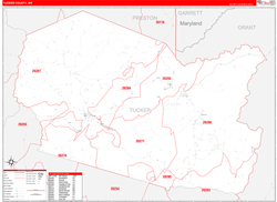 Tucker County, WV Wall Map Zip Code Red Line Style 2024