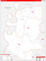 Tunica County, MS Wall Map Zip Code Red Line Style 2024