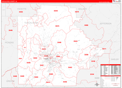 Tuscaloosa County, AL Wall Map Zip Code Red Line Style 2024