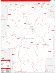 Tuscarawas County, OH Wall Map Zip Code Red Line Style 2024