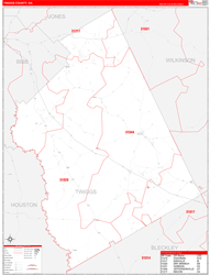 Twiggs County, GA Wall Map Zip Code Red Line Style 2024