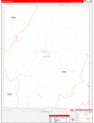 Union County, IN Wall Map Zip Code Red Line Style 2024
