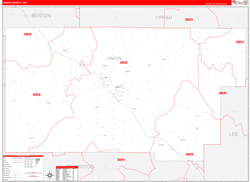 Union County, MS Wall Map Zip Code Red Line Style 2024