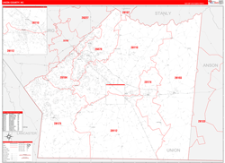 Union County, NC Wall Map Zip Code Red Line Style 2024