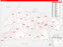Union County, NJ Wall Map Zip Code Red Line Style 2024