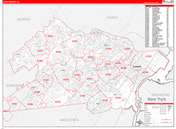 Union County, NJ Wall Map Zip Code Red Line Style 2026