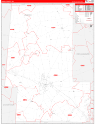 Union County, OH Wall Map Zip Code Red Line Style 2024