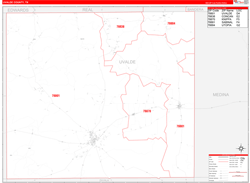Uvalde County, TX Wall Map Zip Code Red Line Style 2024