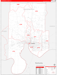 Vanderburgh County, IN Wall Map Zip Code Red Line Style 2024