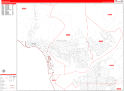 Ventura County, CA Wall Map Zip Code Red Line Style 2024