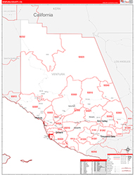 Ventura County, CA Wall Map Zip Code Red Line Style 2026