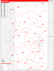 Vermilion County, IL Wall Map Zip Code Red Line Style 2024