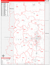 Vermilion County, IL Wall Map Zip Code Red Line Style 2026