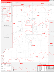 Vigo County, IN Wall Map Zip Code Red Line Style 2024