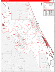 Volusia County, FL Wall Map Zip Code Red Line Style 2026