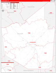 Walker County, TX Wall Map Zip Code Red Line Style 2024