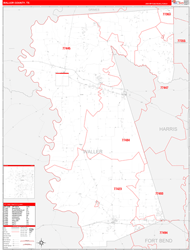 Waller County, TX Wall Map Zip Code Red Line Style 2024