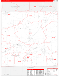 Walworth County, WI Wall Map Zip Code Red Line Style 2024