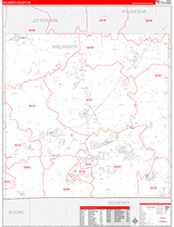 Walworth County, WI Wall Map Zip Code Red Line Style 2026