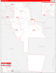 Ware County, GA Wall Map Zip Code Red Line Style 2024