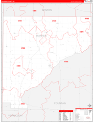 Warren County, IN Wall Map Zip Code Red Line Style 2024