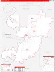 Warren County, MS Wall Map Zip Code Red Line Style 2024