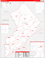 Warren County, NJ Wall Map Zip Code Red Line Style 2024