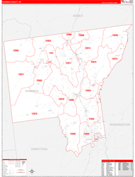 Warren County, NY Wall Map Zip Code Red Line Style 2024