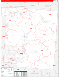 Warren County, OH Wall Map Zip Code Red Line Style 2024
