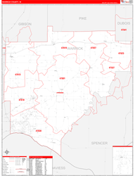 Warrick County, IN Wall Map Zip Code Red Line Style 2024