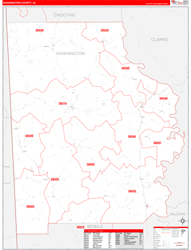 Washington County, AL Wall Map Zip Code Red Line Style 2024