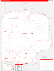 Washington County, IN Wall Map Zip Code Red Line Style 2024