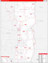 Washington County, MN Wall Map Zip Code Red Line Style 2024