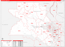 Washington County, OR Wall Map Zip Code Red Line Style 2024