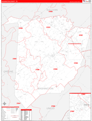 Washington County, TN Wall Map Zip Code Red Line Style 2024