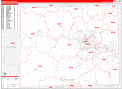 Washtenaw County, MI Wall Map Zip Code Red Line Style 2024