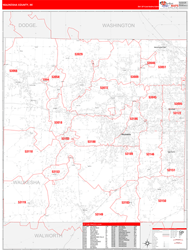 Waukesha County, WI Wall Map Zip Code Red Line Style 2024